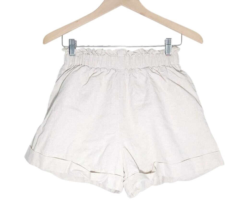Crescent Medium Cream Linen Blend Paperbag High Waist Cuffed Shorts Natural M